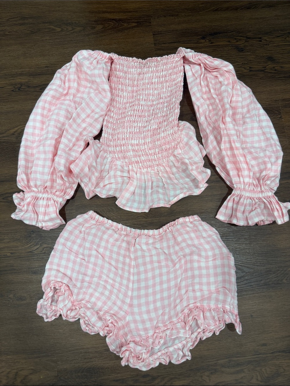 Sleeper Pink and White Gingham Smocked Off-Shoulder Set